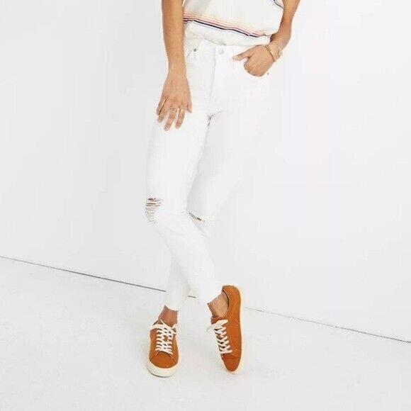 Madewell Denim - Madewell 9 Inch Mid Rise Skinny Crop Jeans Pure White Knee Rip Edition